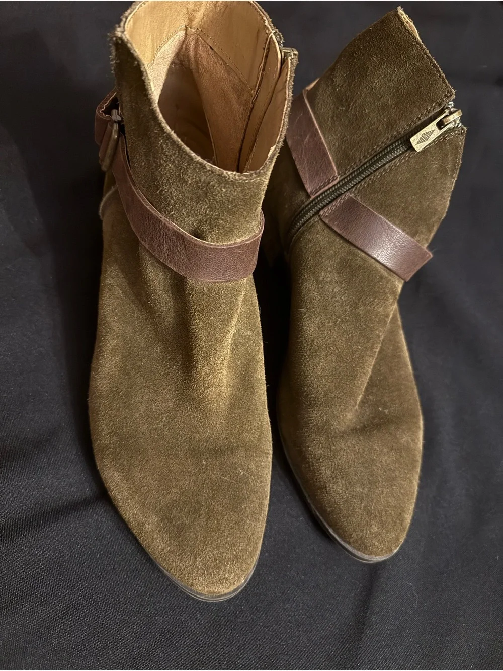 American Rag Brianna Olive Suede Ankle Boots with Brown Strap